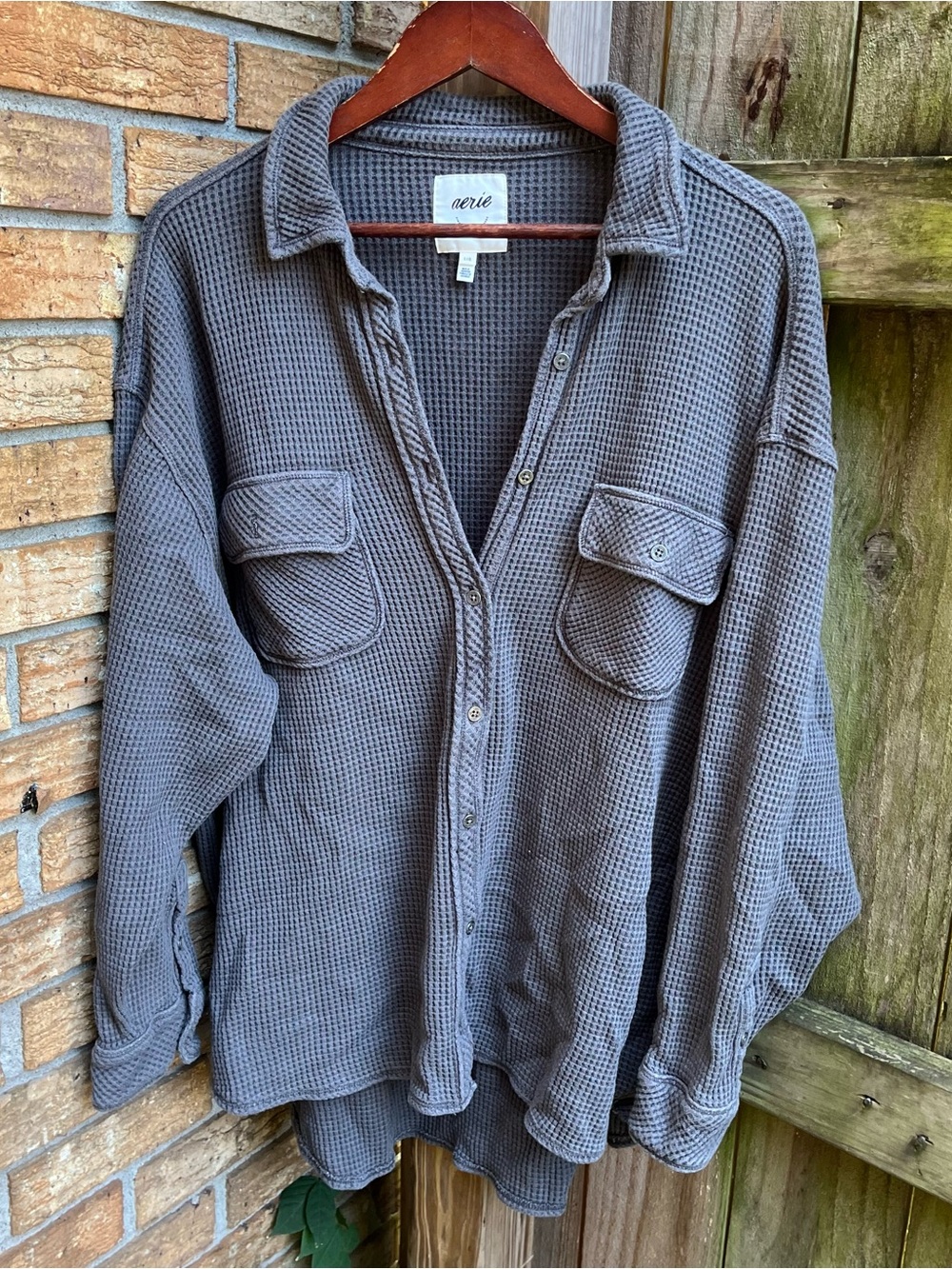Aerie Oversized LumberJane Waffle Knit Button-Down Shirt Jacket in Charcoal